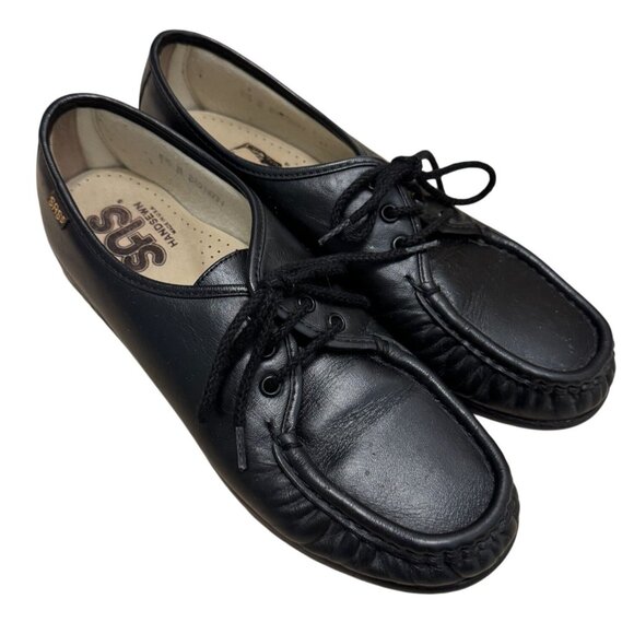 SAS Womens Siesta Lace Up Comfort Loafer Black Leather Moccasin Handsewn 9.5 - Picture 1 of 9